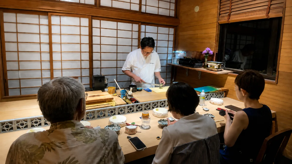 沖縄の寿司店でお客様の前に立つ小寺さん